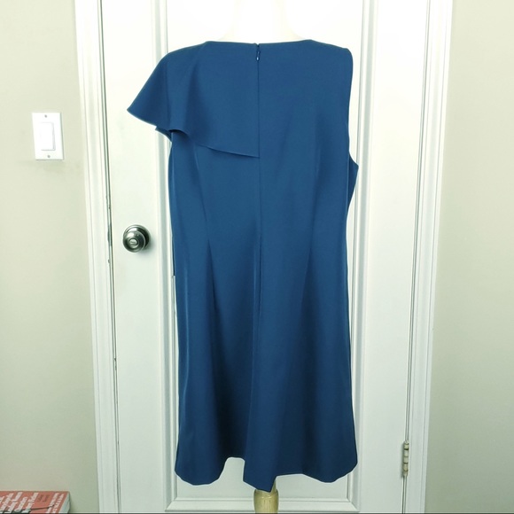 Vince Camuto | Ruffle Crepe A-Line Dress Teal 16W - Picture 4 of 7